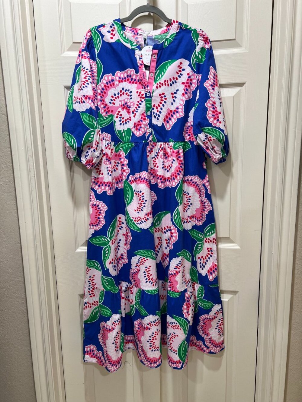 NWT Women's Mary Square Floral Midi Dress Blue Pink Tiered Dress - Medium